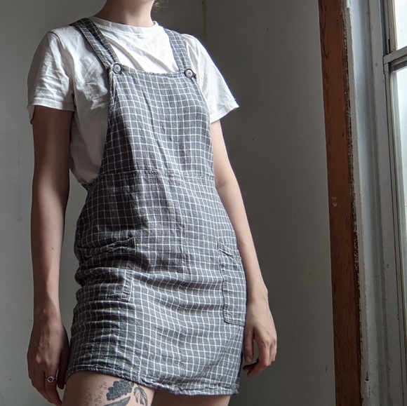 Linen-Blend Checkered Apron Dress - Picture 1 of 10